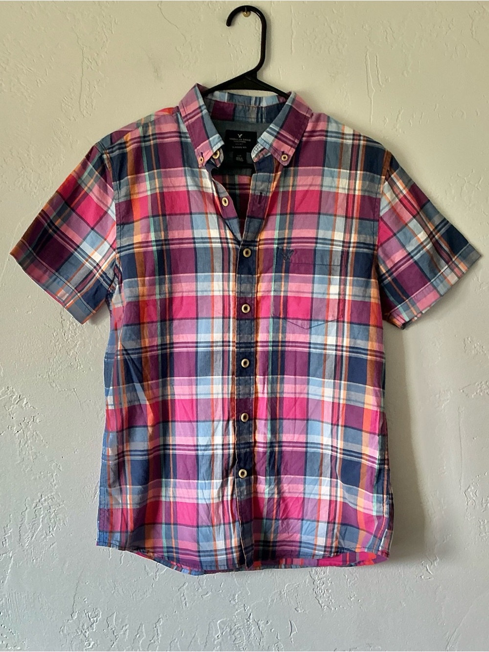 American Eagle Short-Sleeve Plaid Button-Down Shirt - Pink & Blue